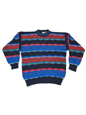 Vtg 90s Lightning Bolt Sweater Size XL Coogi Style Black Red Blue Stripe Mens